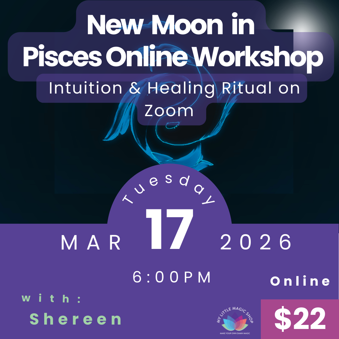 Promotional flyer for a New Moon in Pisces Online Workshop with details on date, time, and cost.