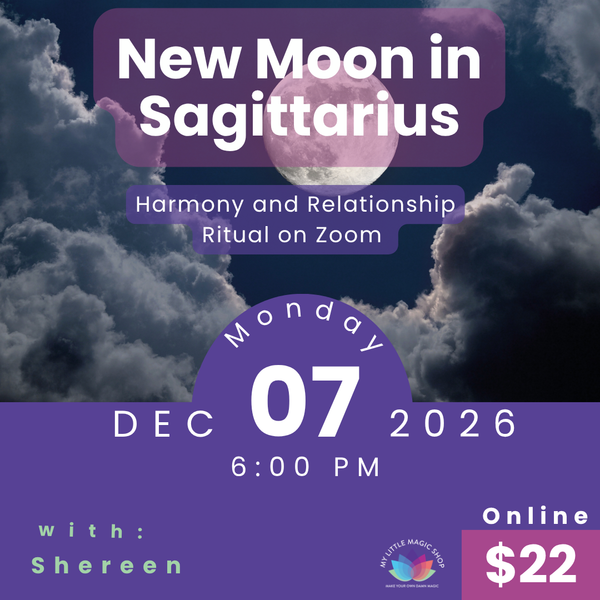 Promotional flyer for a New Moon in Sagittarius event on Zoom with a purple moon graphic and cloud background.