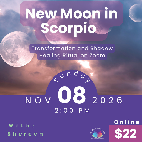 Promotional flyer for a New Moon in Scorpio event with moon phases and details.