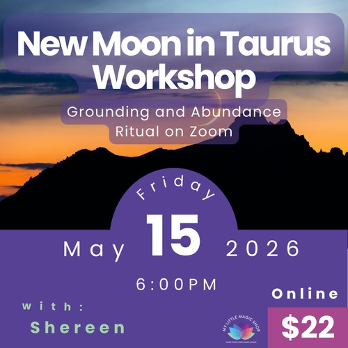 Promotional flyer for a New Moon in Taurus workshop with a mountain and sunset background.