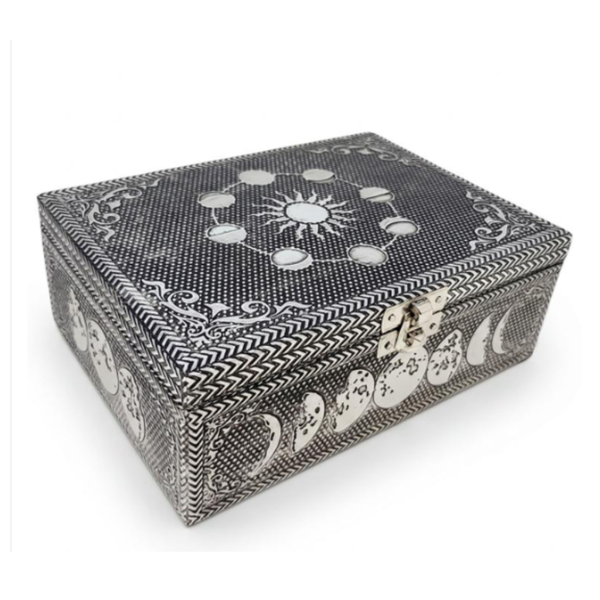 Moon Phase carved metal box over wood, 5x7 inches, velvet lined