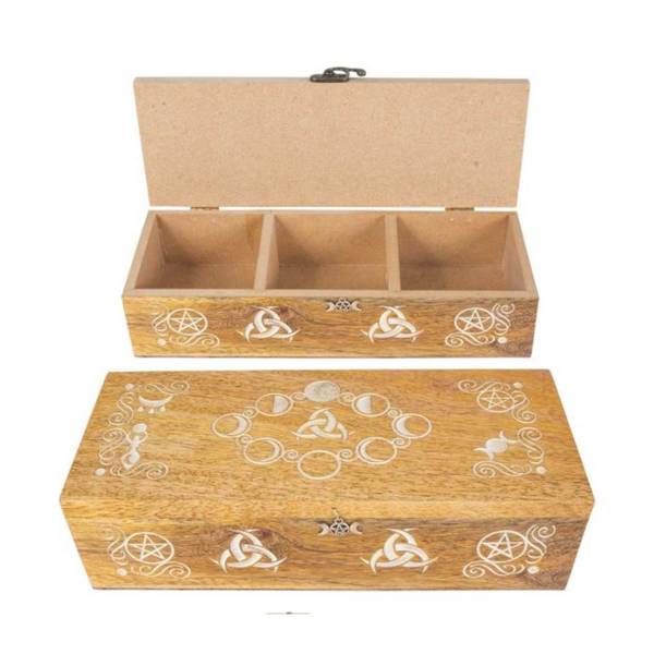 Moon phases wood storage box with three compartments, open