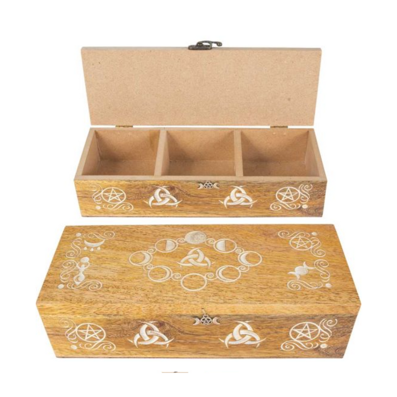 Moon phases wood storage box with three compartments, open