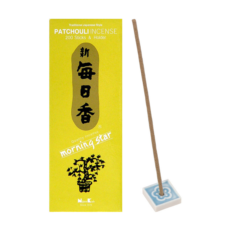 Morning Star Patchouli Incense box with incense stick in ceramic holder