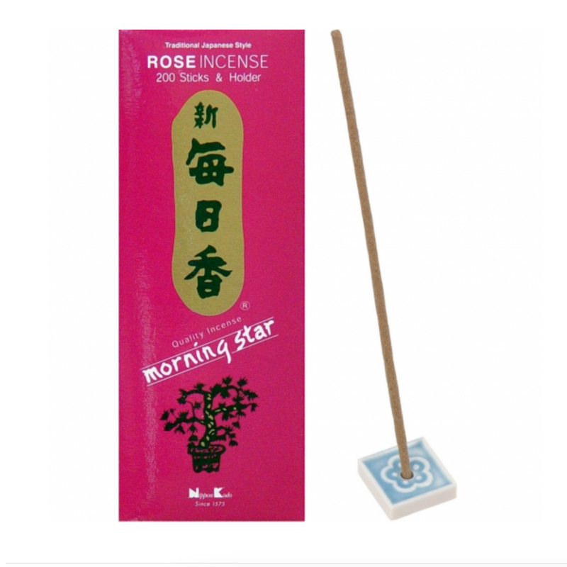 Morning Star Rose Incense box with ceramic tile holder and single lit incense stick