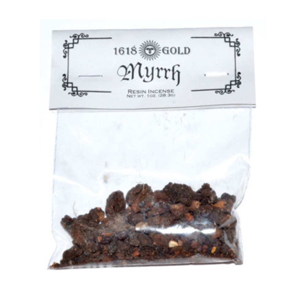 Loose 1oz bag of Myrrh Granular Incense, featuring raw brown resin chunks used for purification, healing, and magical rituals.