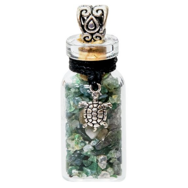 Miniature glass bottle pendant filled with moss agate chips, adorned with a turtle charm, symbolizing growth and grounding.
