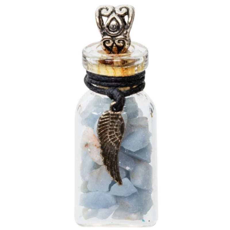 Miniature glass bottle pendant filled with angelite chips, adorned with an angel wing charm, symbolizing serenity and spiritual connection.