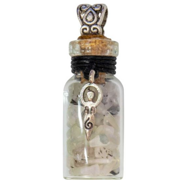 Miniature glass bottle pendant filled with rainbow moonstone chips, adorned with a goddess charm, symbolizing intuition and the divine feminine.