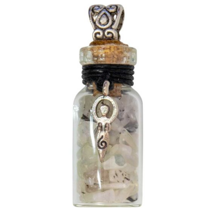 Miniature glass bottle pendant filled with rainbow moonstone chips, adorned with a goddess charm, symbolizing intuition and the divine feminine.