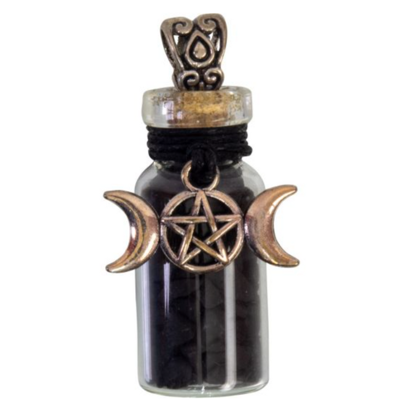 Miniature glass bottle pendant filled with shungite chips, adorned with a triple moon charm, symbolizing protection and divine feminine energy.