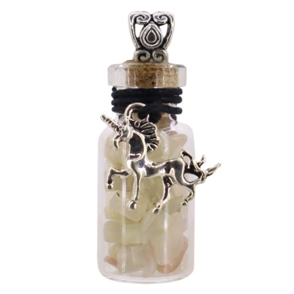Miniature glass bottle pendant filled with multi moonstone chips, adorned with a unicorn charm, symbolizing magic and inner wisdom.