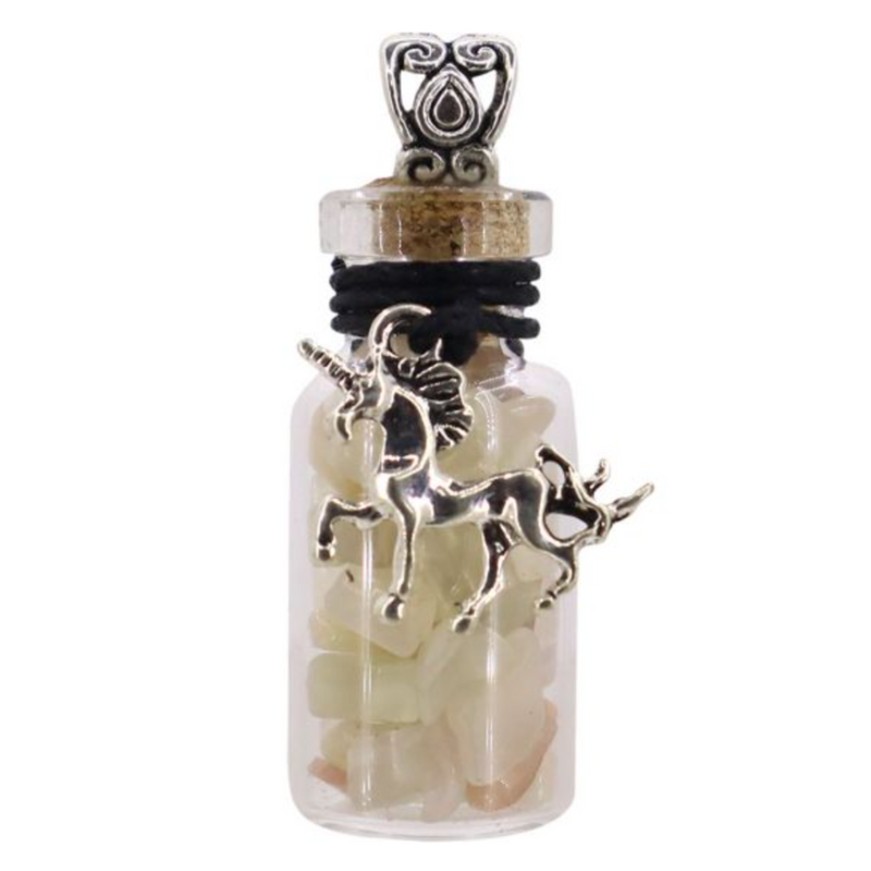 Miniature glass bottle pendant filled with multi moonstone chips, adorned with a unicorn charm, symbolizing magic and inner wisdom.