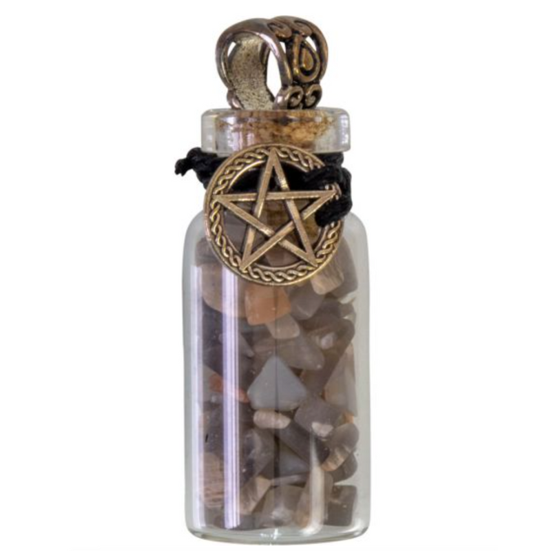 Miniature glass bottle pendant filled with black moonstone chips, adorned with a pentacle charm, symbolizing intuition and elemental protection.