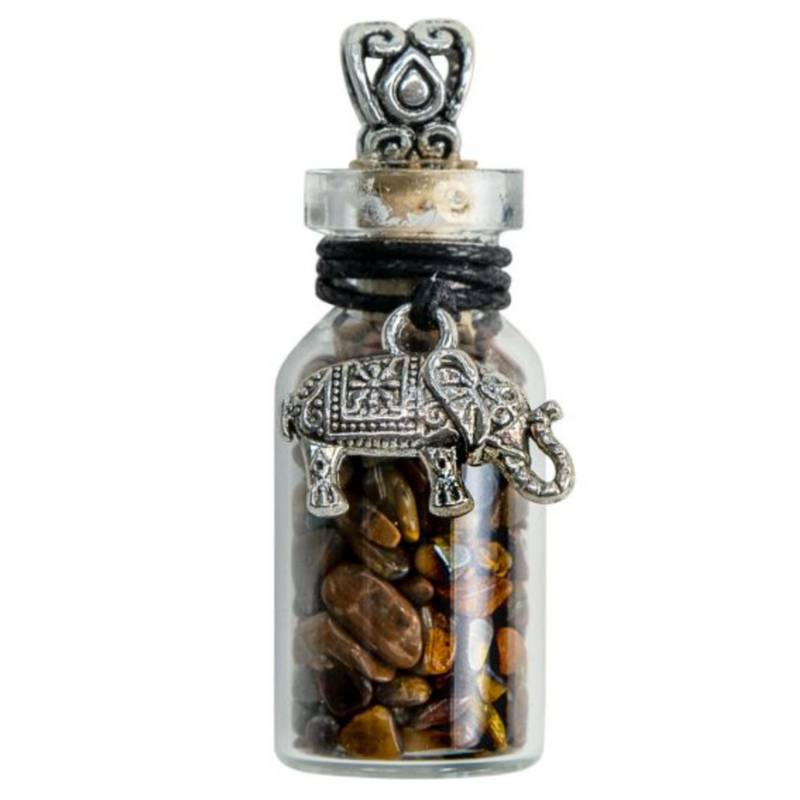 Miniature glass bottle pendant filled with tiger eye chips, adorned with an elephant charm, symbolizing strength and prosperity.