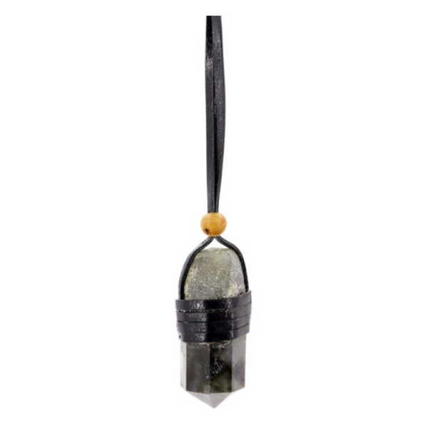 Set of three faceted labradorite point pendants wrapped in rustic leather, each on a black cord, symbolizing intuition enhancement and energy protection.