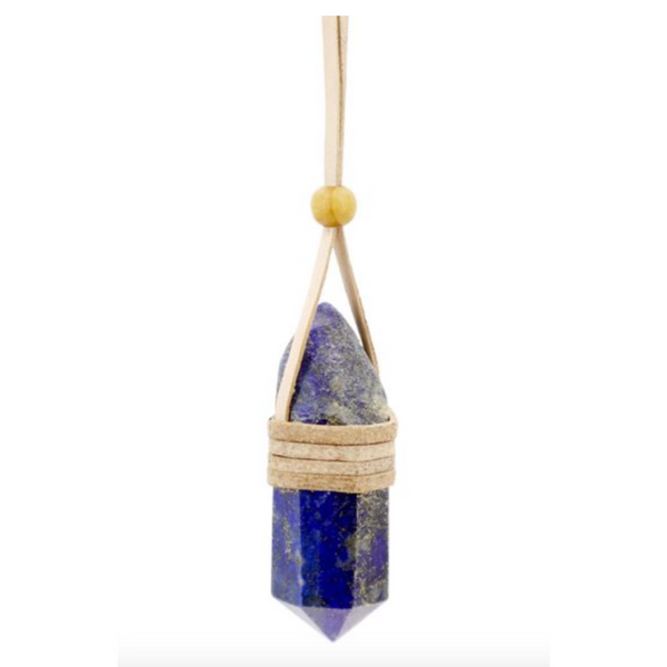 Set of three faceted lapis lazuli point pendants wrapped in rustic leather, each on a black cord, symbolizing wisdom and inner truth.