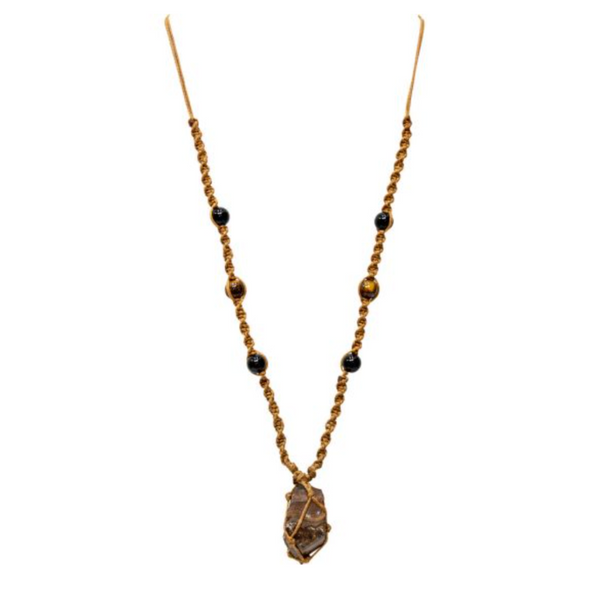 Tiger Eye Point Hippie Necklace with earthy beads, featuring a raw tiger eye crystal point, symbolizing courage and confidence.