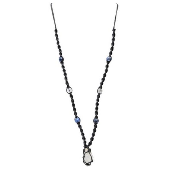 Clear Quartz Point Hippie Necklace with earthy beads, featuring a raw clear quartz crystal point, symbolizing amplification and clarity.