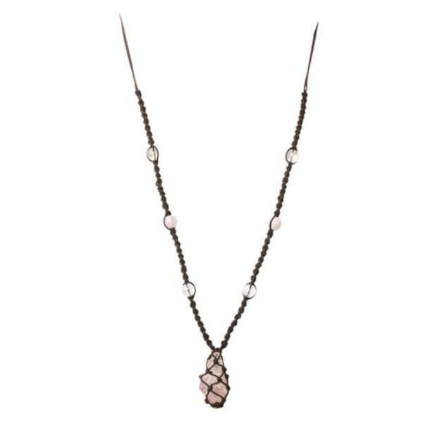 Rose Quartz Hippie Necklace with earthy beads, featuring a raw rose quartz crystal point, symbolizing love and compassion.