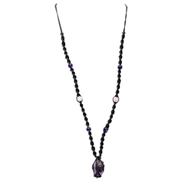 Amethyst Hippie Necklace with earthy beads, featuring a raw amethyst crystal point, symbolizing tranquility and spiritual growth.