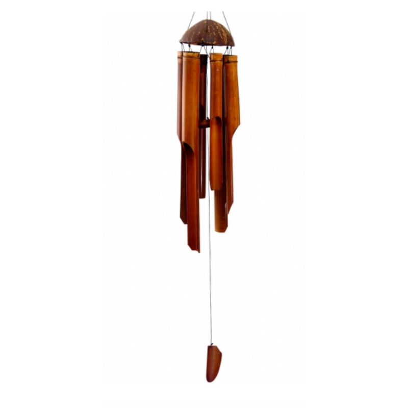 Handcrafted Bamboo Windchime Small Plain featuring natural bamboo tubes and a coconut top, emitting soothing, harmonious tones.