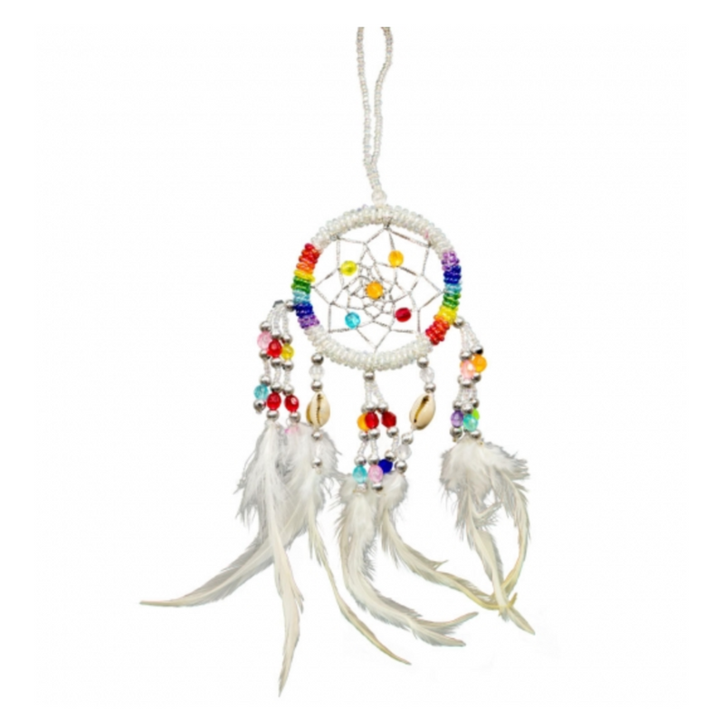 7 Chakras Beaded Dreamcatcher in white, featuring a delicate web with seven chakra-colored beads, handcrafted in Bali.