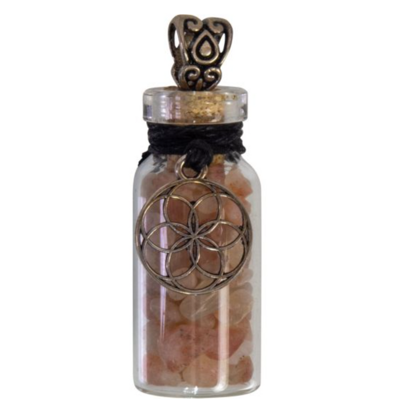 Miniature glass bottle pendant filled with sunstone chips, adorned with the Seed of Life charm, symbolizing joy and new beginnings.