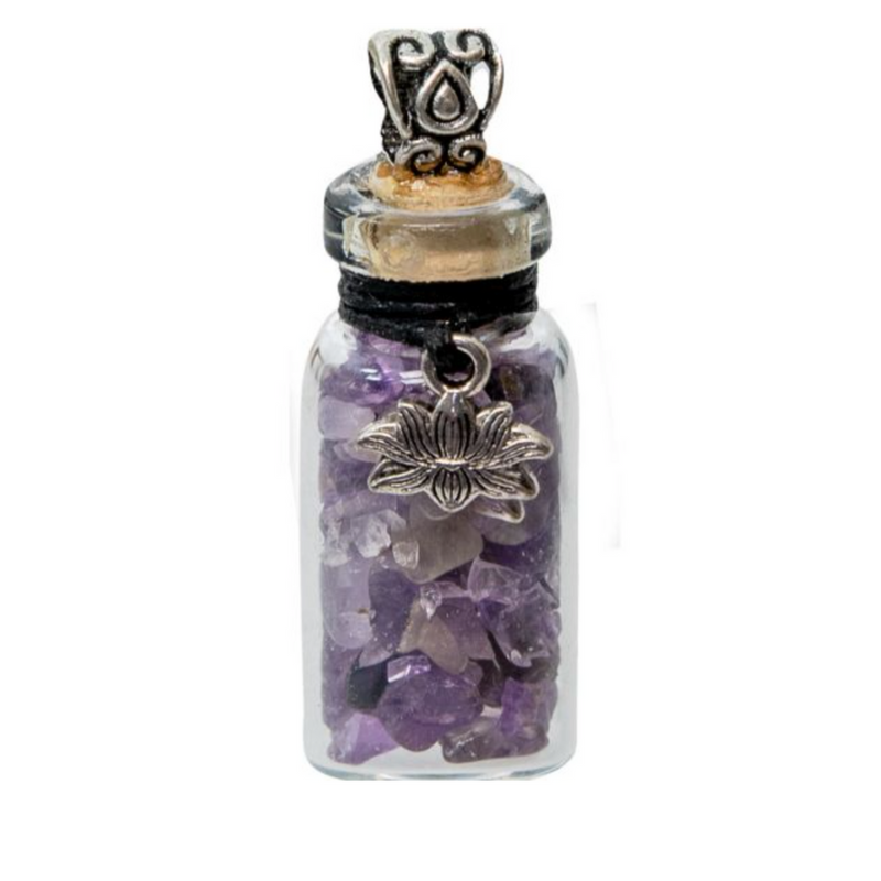 Miniature glass bottle pendant filled with amethyst chips, adorned with a lotus charm, symbolizing serenity and spiritual growth.