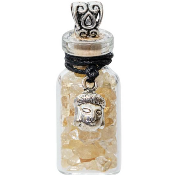 Miniature glass bottle pendant filled with citrine chips, adorned with a Buddha charm, symbolizing abundance and spiritual enlightenment.