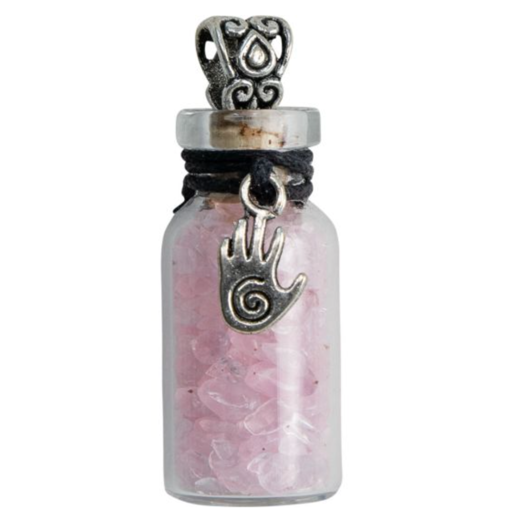 Miniature glass bottle pendant filled with rose quartz chips, adorned with a healing hand charm, symbolizing self-love and emotional healing.