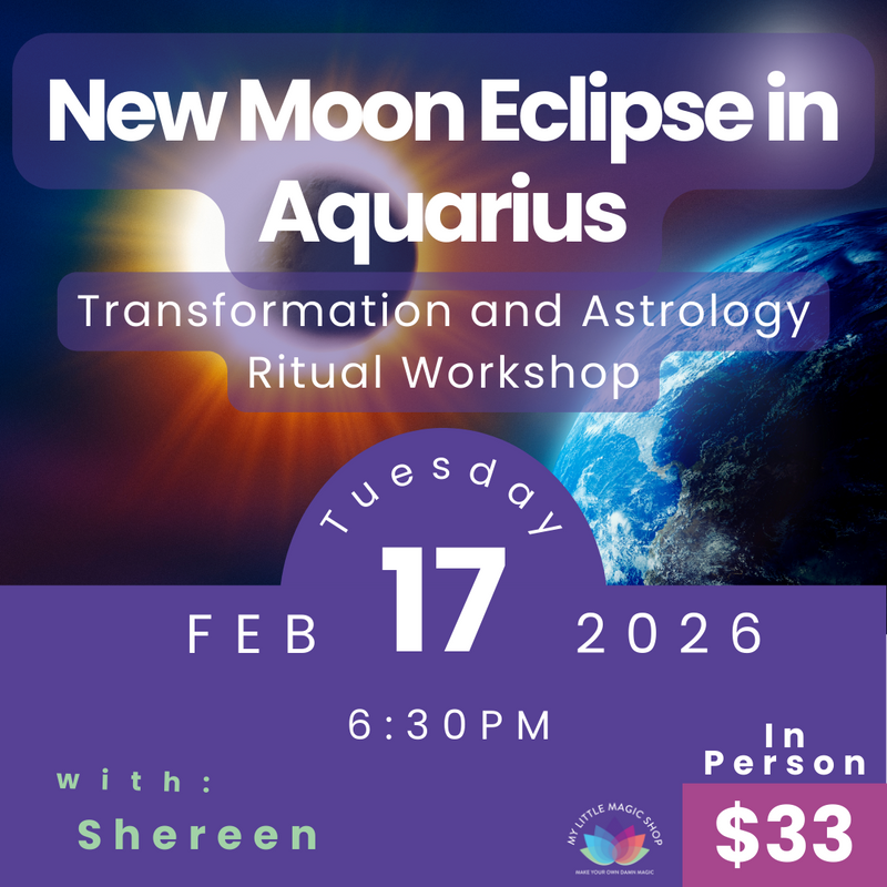 Advertisement for a New Moon Eclipse in Aquarius workshop with event details.
