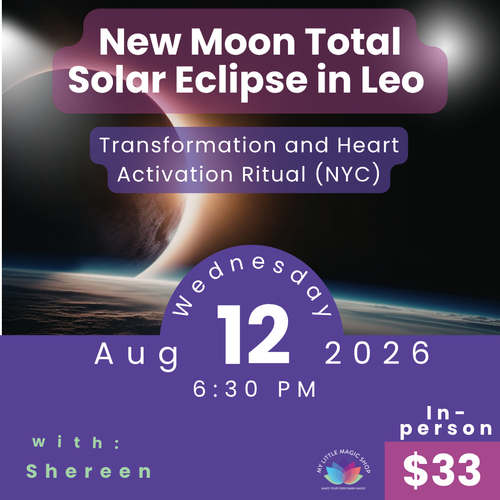 Promotional graphic for a New Moon Total Solar Eclipse in Leo ritual, featuring a space background with the moon and Earth. Large purple text boxes announce the event details: 'Transformation and Heart Activation Ritual (NYC)', date 'Wednesday 12 Aug 2026', time '6:30 PM', and price '$33'.