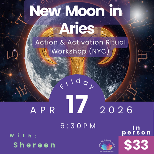 Promotional flyer for a New Moon in Aries workshop with astrological symbols and event details.