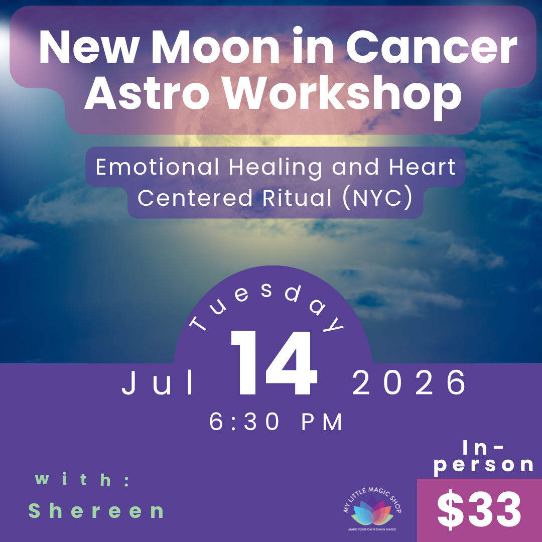 Advertisement for a New Moon in Cancer Astro Workshop with event details on a purple and blue gradient background.