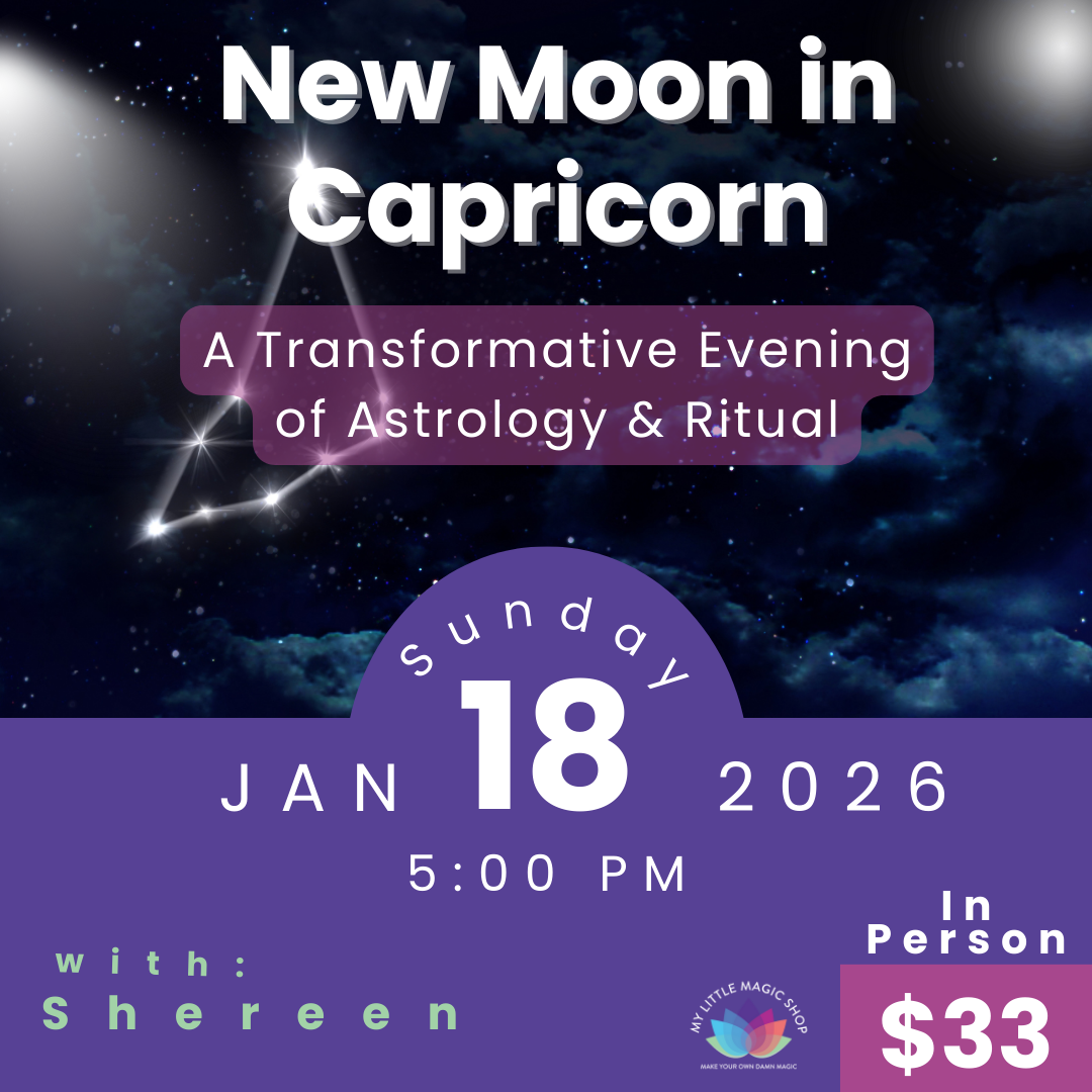 Promotional flyer for a New Moon in Capricorn event with astrological symbols and event details.