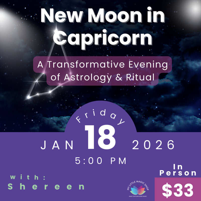 Promotional flyer for a New Moon in Capricorn event with astrological symbols and event details.