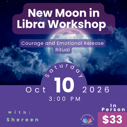 Promotional flyer for a New Moon in Libra Workshop with celestial background