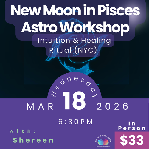 Advertisement for a New Moon in Pisces Astro Workshop with details on date, time, and cost.