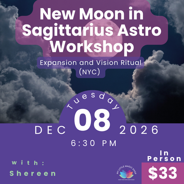 Advertisement for a New Moon in Sagittarius astro workshop with event details on a dark sky background.