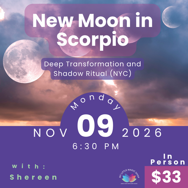 Promotional flyer for a New Moon in Scorpio event with celestial imagery and event details.