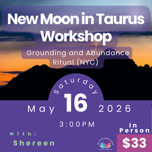 Promotional flyer for a New Moon in Taurus workshop with a sunset background.