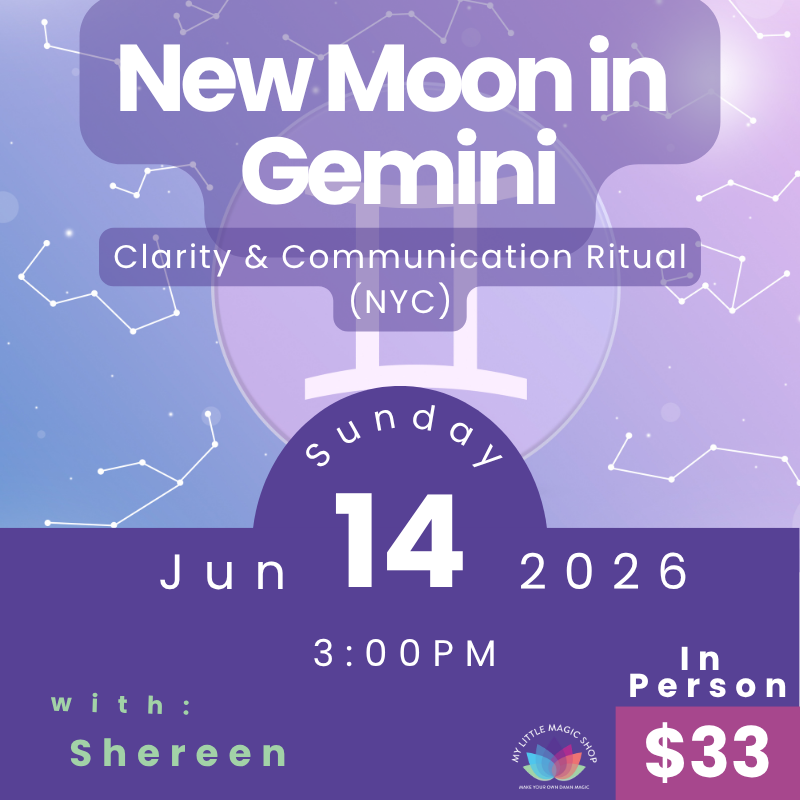 Promotional flyer for a New Moon in Gemini event in NYC with details about date, time, and cost.