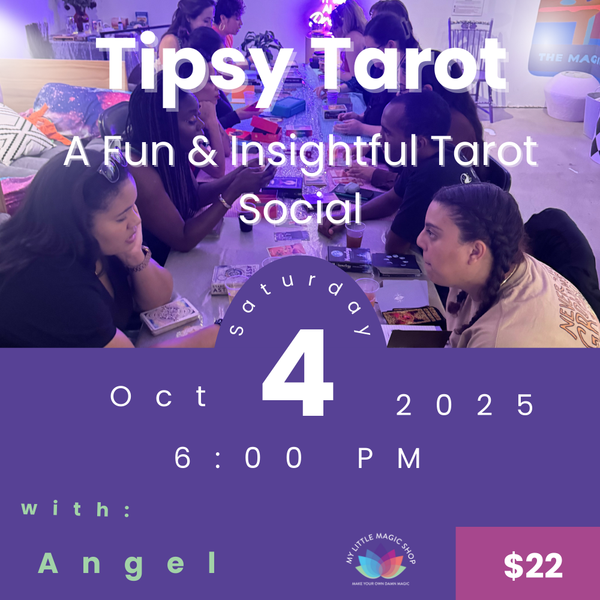 Promotional flyer for 'Tipsy Tarot' event with people around a table, text details the event date, time, and price.