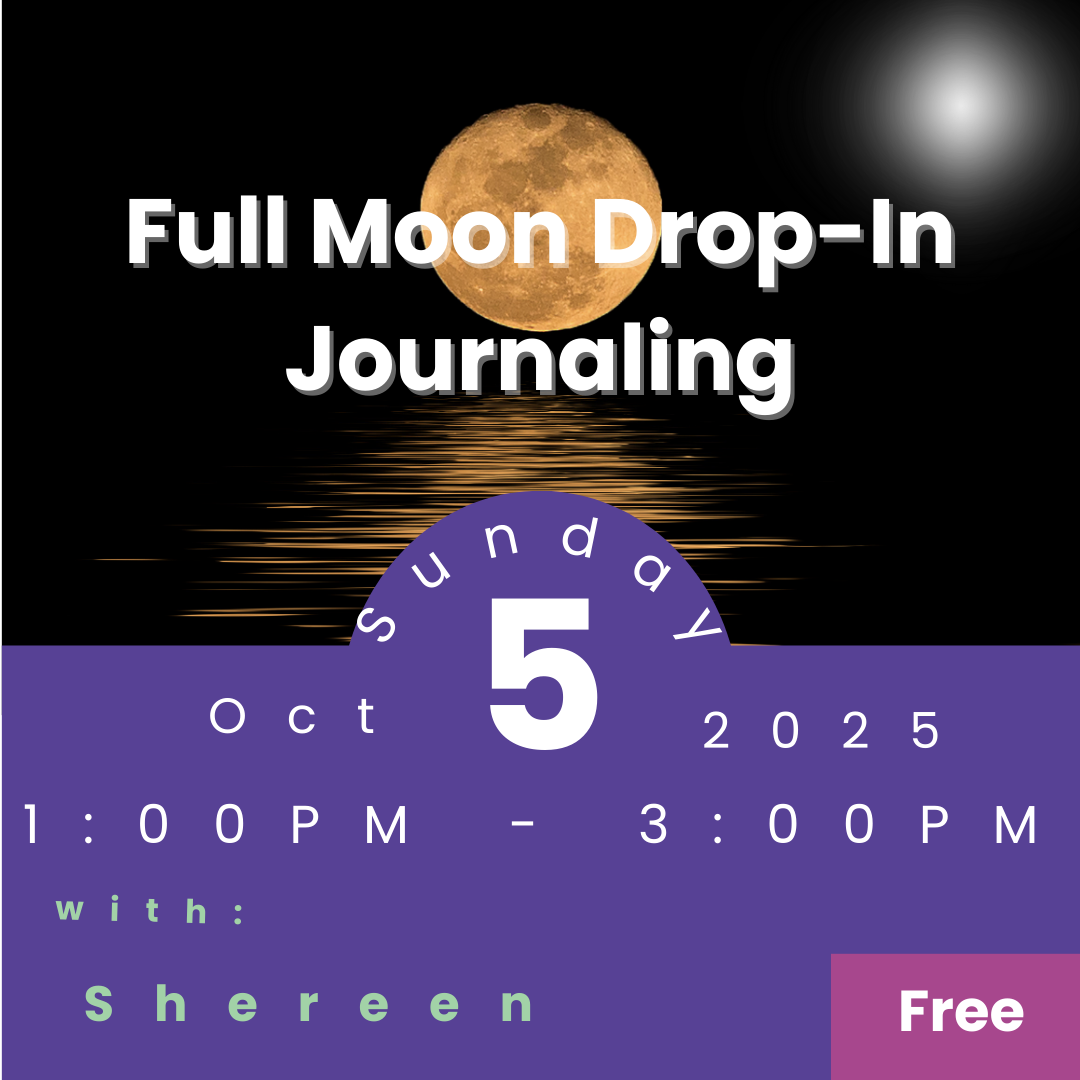 Promotional flyer for Full Moon Drop-In Journaling event with a moon graphic and event details.