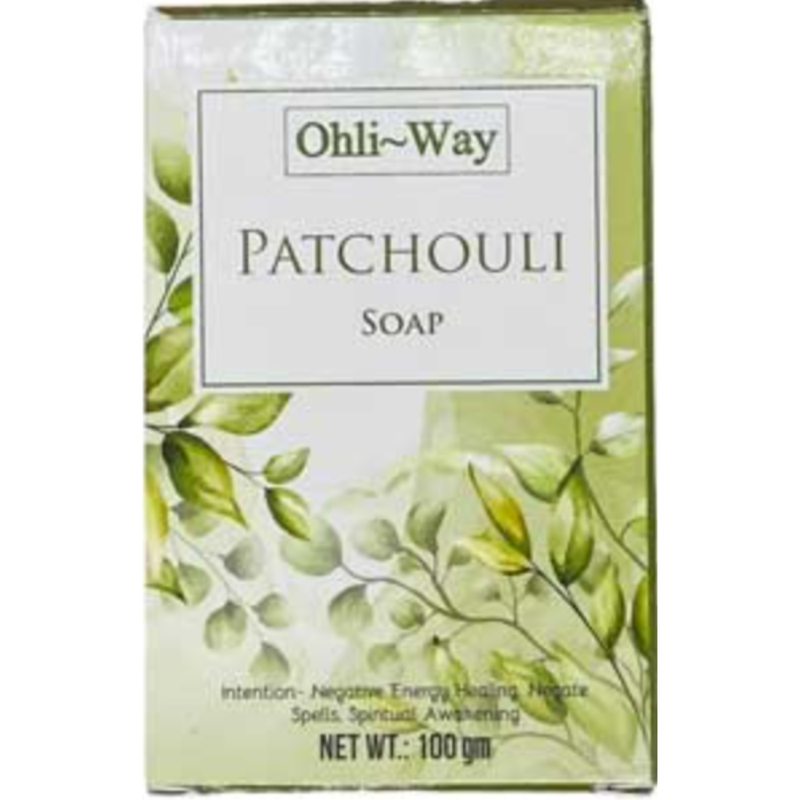 Ohli-Way Patchouli Soap packaging with green leaf design on a white background