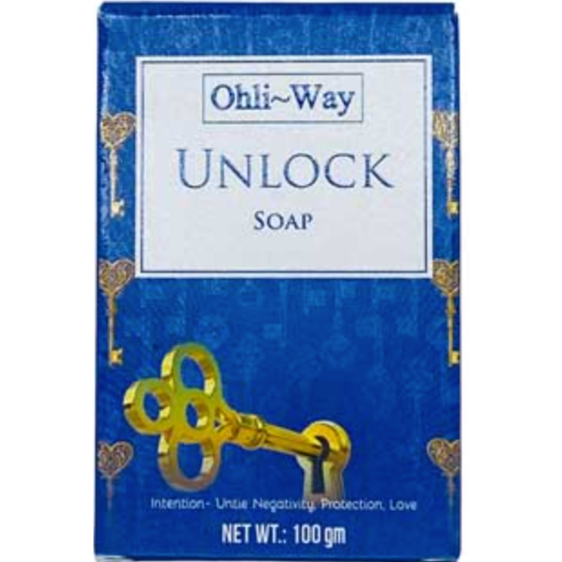 Box of Ohli-Way Unlock Soap with a blue background and gold key design.