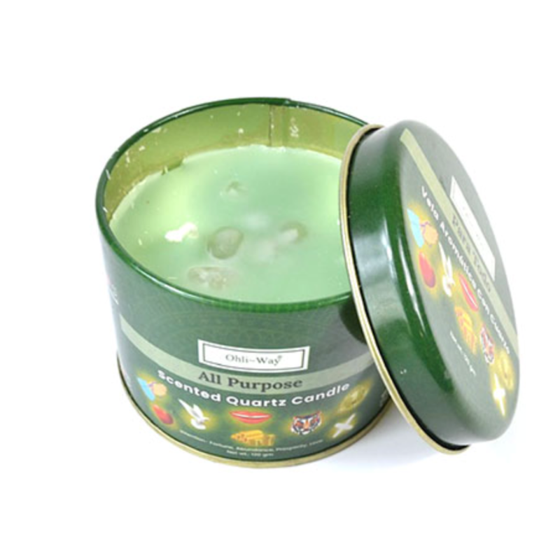Ohli Way All Purpose with Quartz Tin Candle in metal tin, infused with herbs, oils, and Quartz crystal for manifestation and balance. Green.