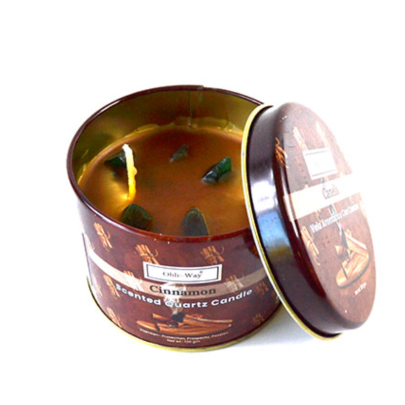 Ohli Way Cinnamon with Quartz Tin Candle in metal tin, infused with herbs, oils, and Quartz crystal for abundance, passion, and manifestation.