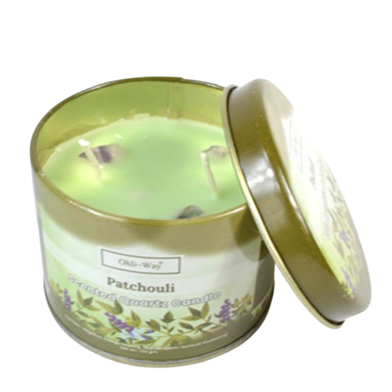 Ohli Way Patchouli with Quartz Tin Candle in metal tin, infused with herbs, oils, and Quartz crystal for grounding and abundance rituals.